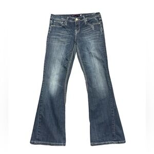 Vigoss Flare‎ Jeans Womens Size 11 Denim Blue Mid Rise Embroidered Twisted Hem